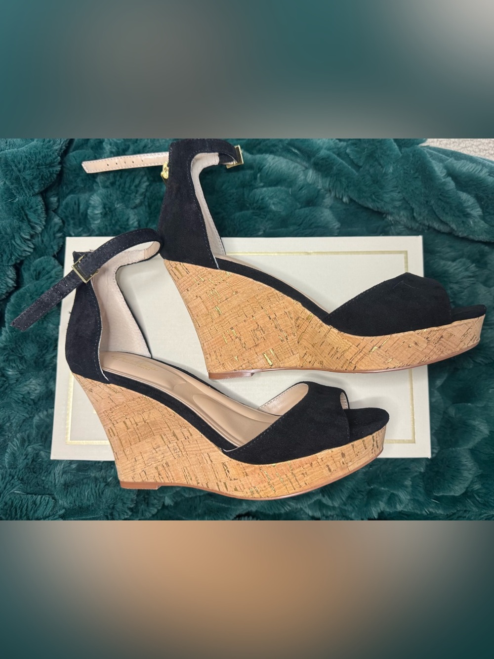 Charlies Black Suede Cork Wedge Sandals New with Tags